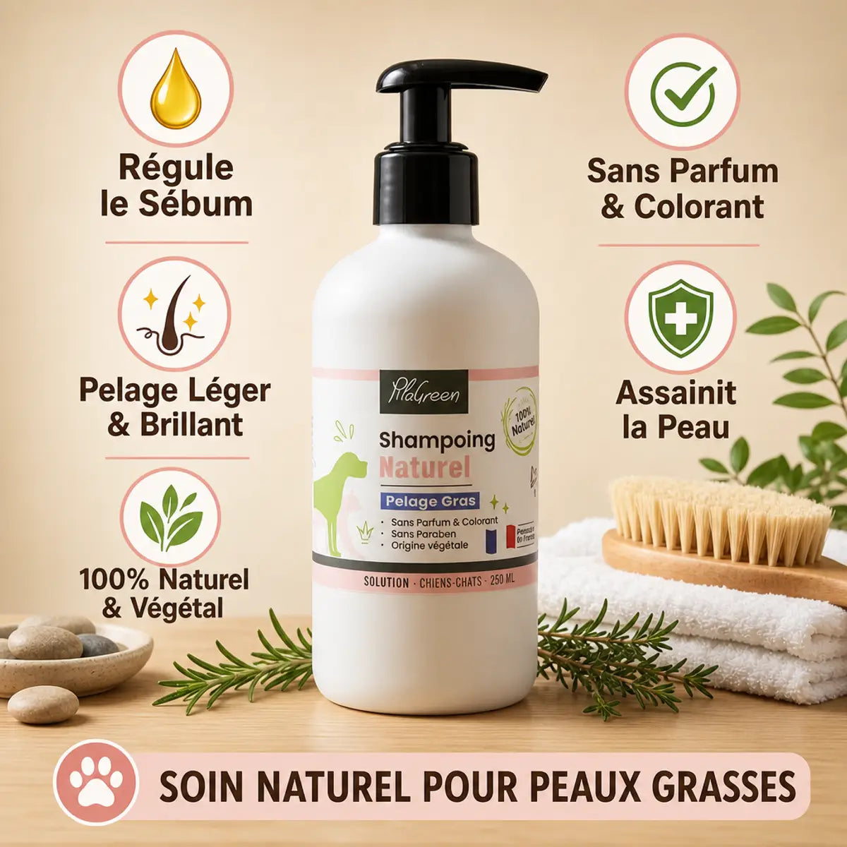 Shampooing Pilagreen 250ml pelage gras chien chat - régule sébum, naturel, sans parfum