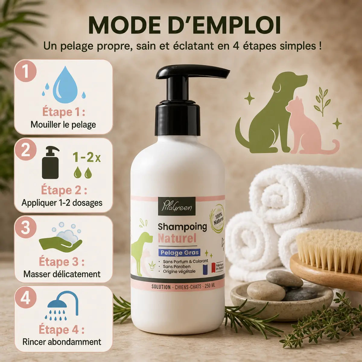 Shampooing pelage gras Pilagreen 250ml avec guide utilisation étapes chien chat