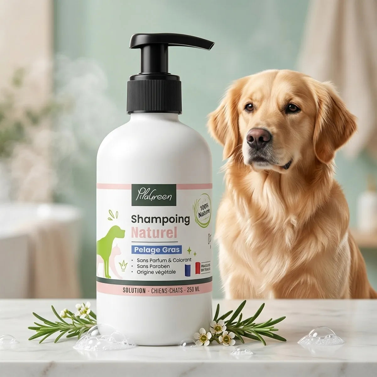 Shampooing Pilagreen 250ml pour pelage gras chien chat avec flacon blanc et chien toiletté brillant