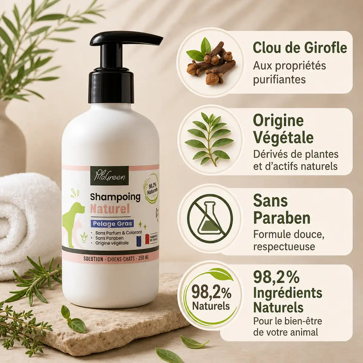 Shampooing Chien Chat Pelage Gras Pilagreen 250ml avec ingrédients naturels
