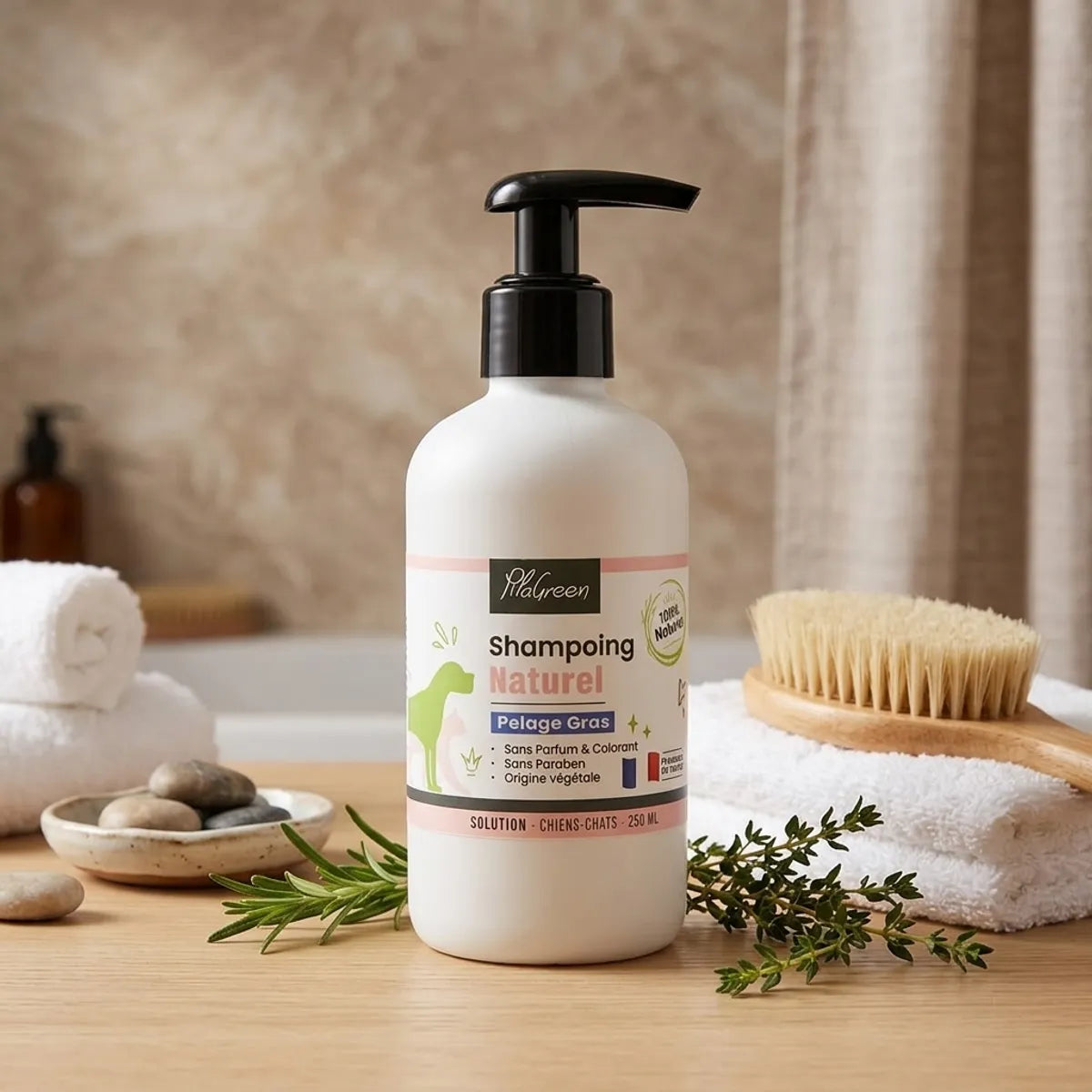 Shampooing Pilagreen 250ml pour pelage gras chien chat avec herbes naturelles et accessoires toilettage