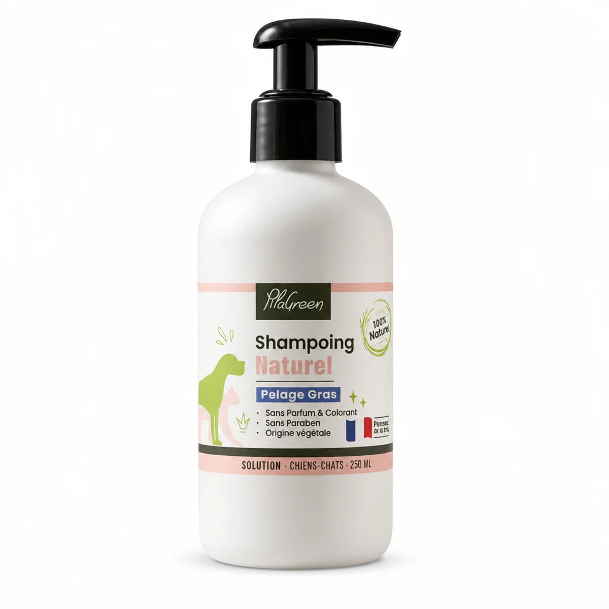 Shampooing Pilagreen 250ml pour chien et chat, flacon blanc avec pompe noire pour pelage gras