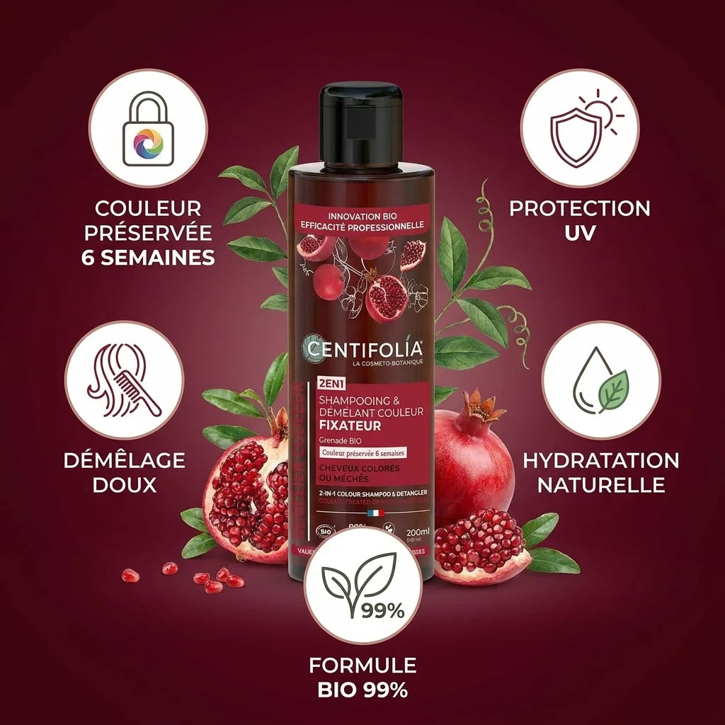 Shampooing couleur bio Centifolia 2 en 1 avec bénéfices : préservation couleur, démêlage, protection UV
