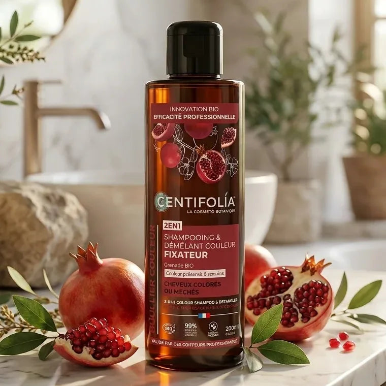Shampooing couleur 2 en 1 bio Centifolia 200ml sur marbre avec fruits de grenade