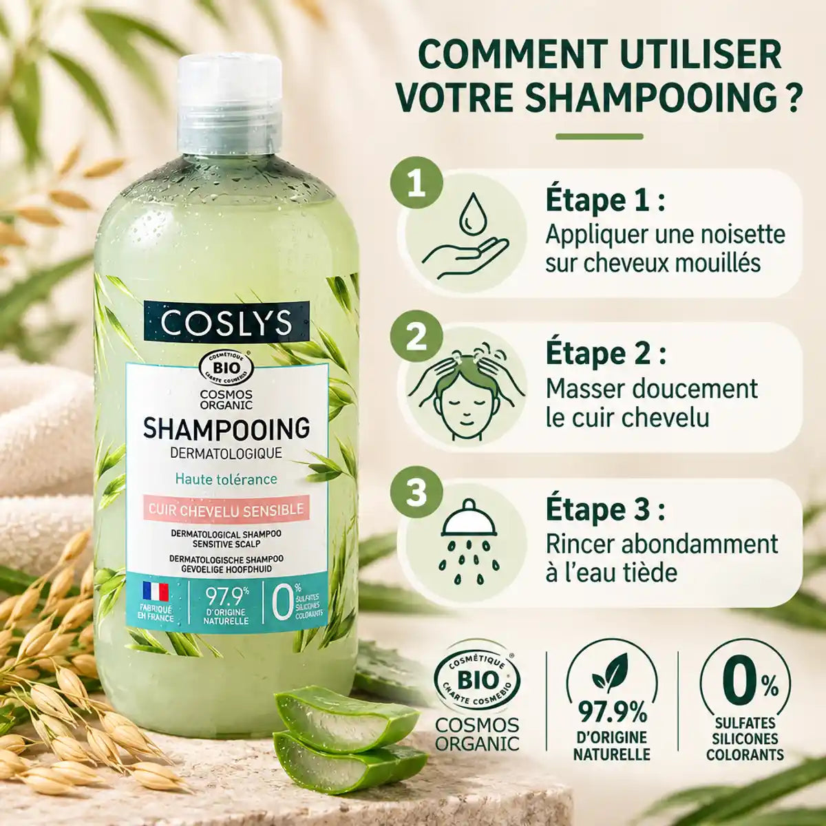 Shampooing dermatologique Coslys bio 500ml avec étapes d'application et certifications naturelles