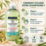 Shampooing dermatologique Coslys bio 500ml avec étapes d'application et certifications naturelles