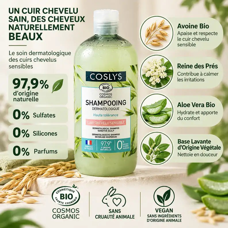 Shampooing dermatologique bio Coslys 500ml avec ingrédients naturels et certifications Cosmos Organic