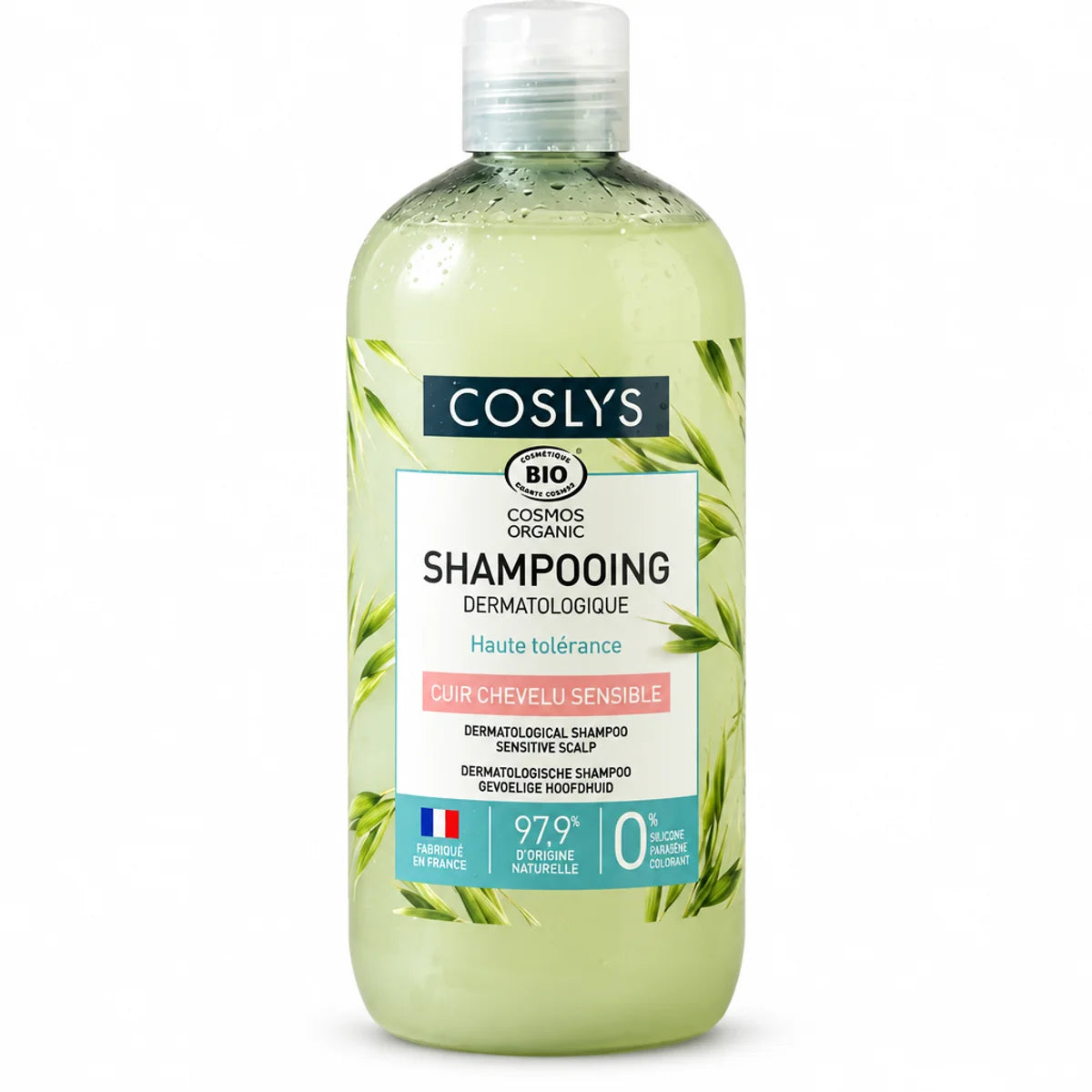 Shampooing dermatologique bio Coslys 500ml certifié COSMOS ORGANIC, bouteille verte sur fond blanc