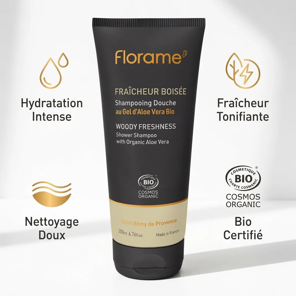 Shampooing douche Fraîcheur Boisée Florame 200ml bio avec aloé vera et ses bénéfices hydratation