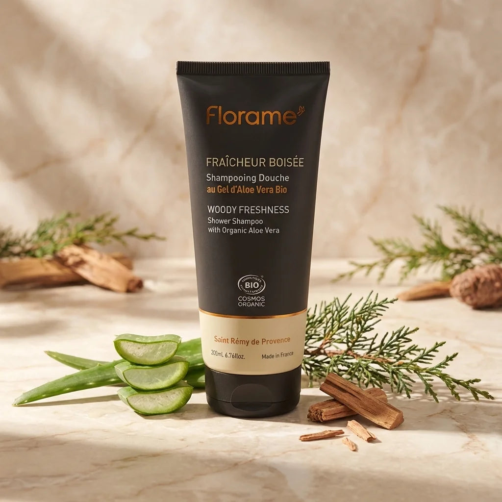 Shampooing douche Florame gel aloé vera bio 200ml sur marbre avec feuilles aloé et branches cèdre
