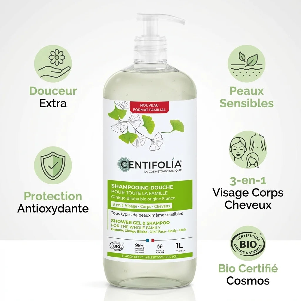 Shampooing douche Centifolia 1L famille - 3-en-1 bio certifié visage corps cheveux
