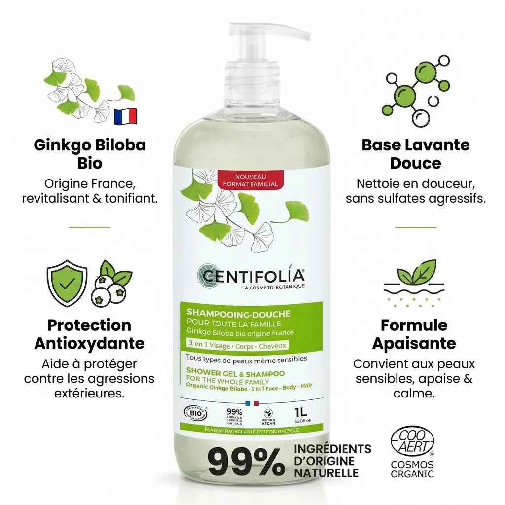 Shampooing douche Centifolia 1L avec ingrédients naturels et certification Cosmos Organic