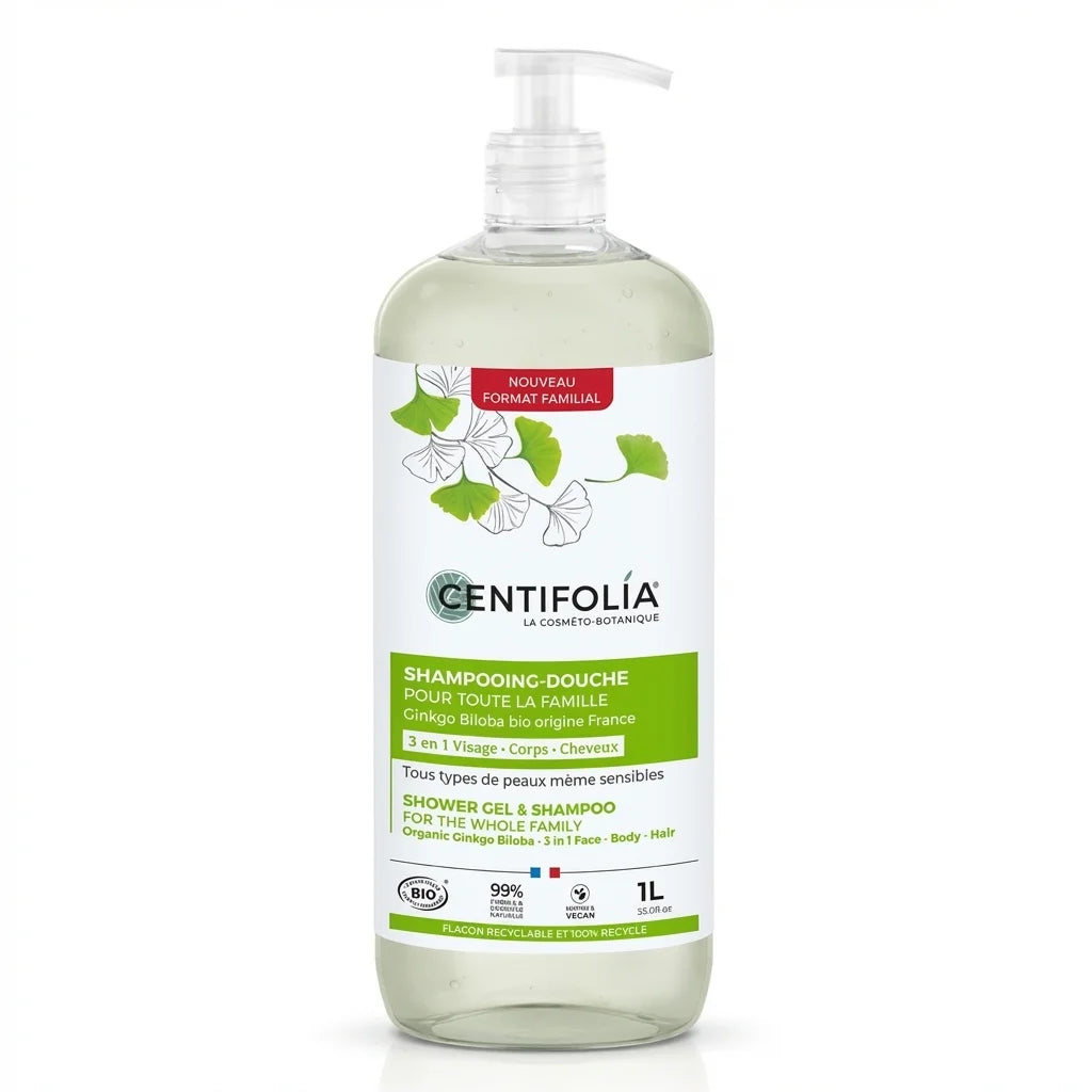 Shampooing douche Centifolia 1L, flacon blanc avec pompe et label vert biodégradasble