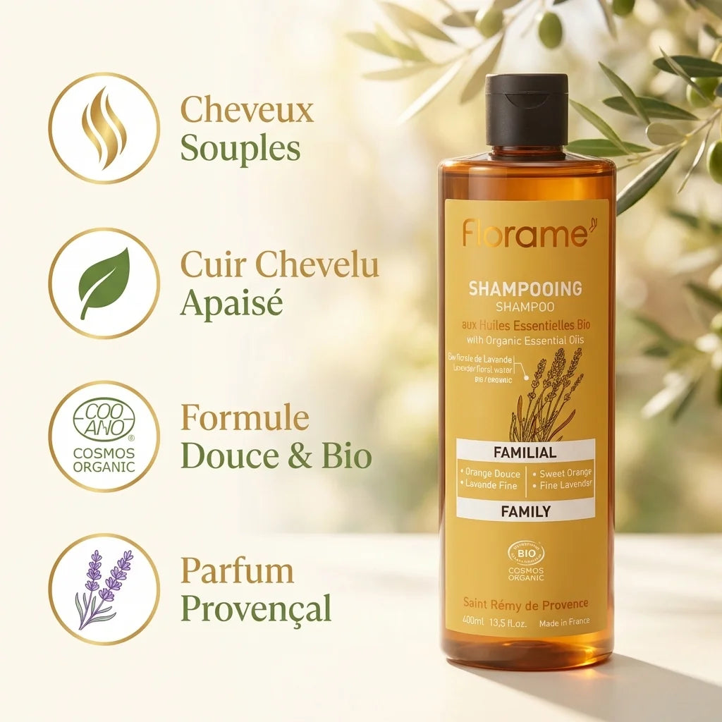 Shampooing Familial Bio Florame 400ml avec bénéfices cheveux souples, cuir chevelu apaisé et parfum provençal