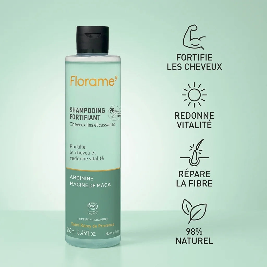 Shampooing fortifiant bio Florame 250ml avec flacon turquoise et bénéfices naturels