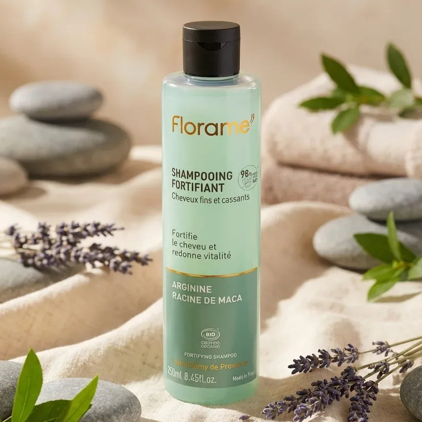 Shampooing Fortifiant Bio Florame 250ml flacon vert menthe avec lavande et pierres spa