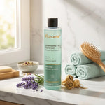 Shampooing fortifiant bio Florame 250ml avec lavande et ingrédients naturels sur vanité salle de bain