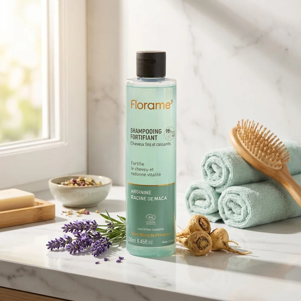 Shampooing fortifiant bio Florame 250ml avec lavande et ingrédients naturels sur vanité salle de bain