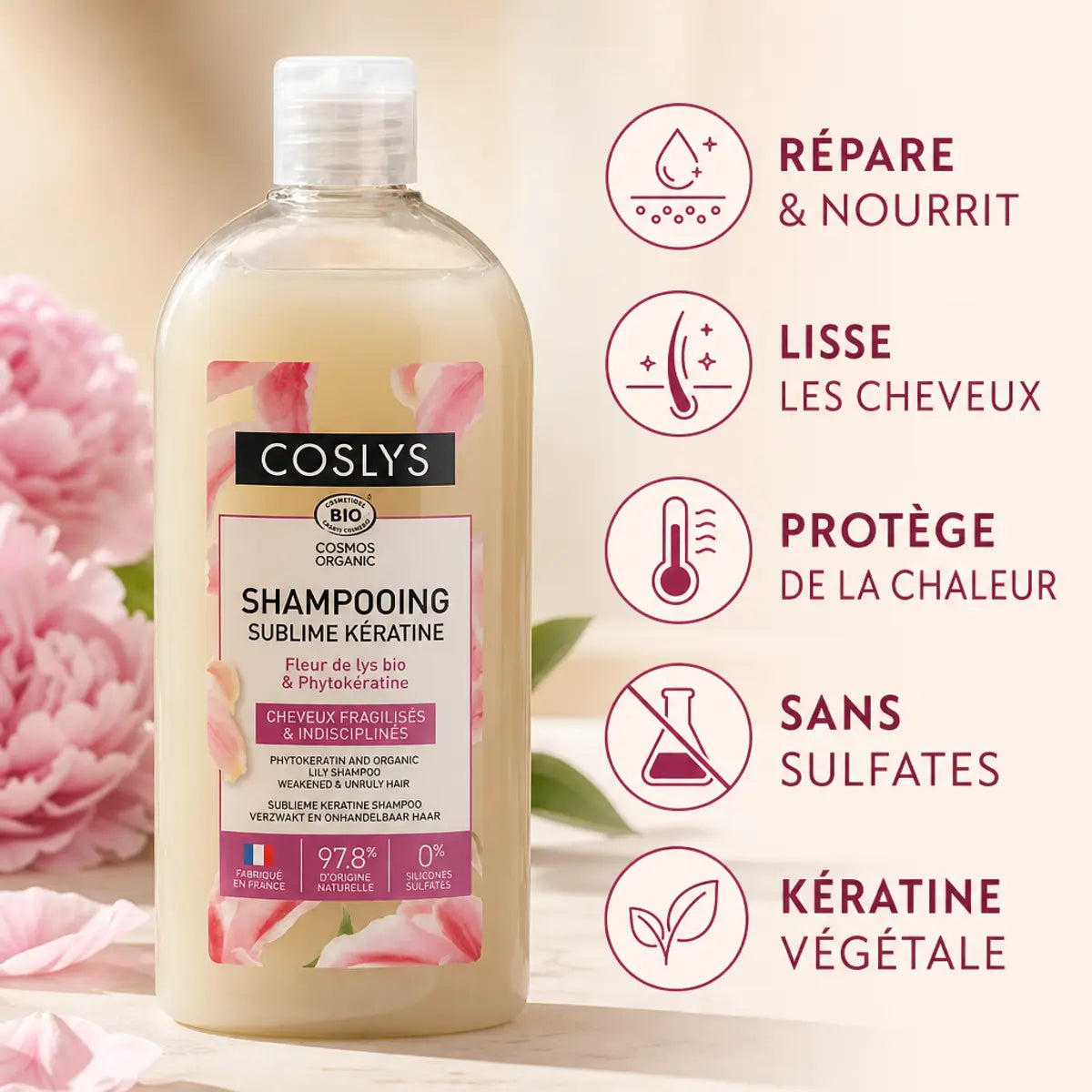 Shampooing Sublime Kératine Bio Coslys 250ml avec bénéfices : répare, nourrit, lisse et protège les cheveux