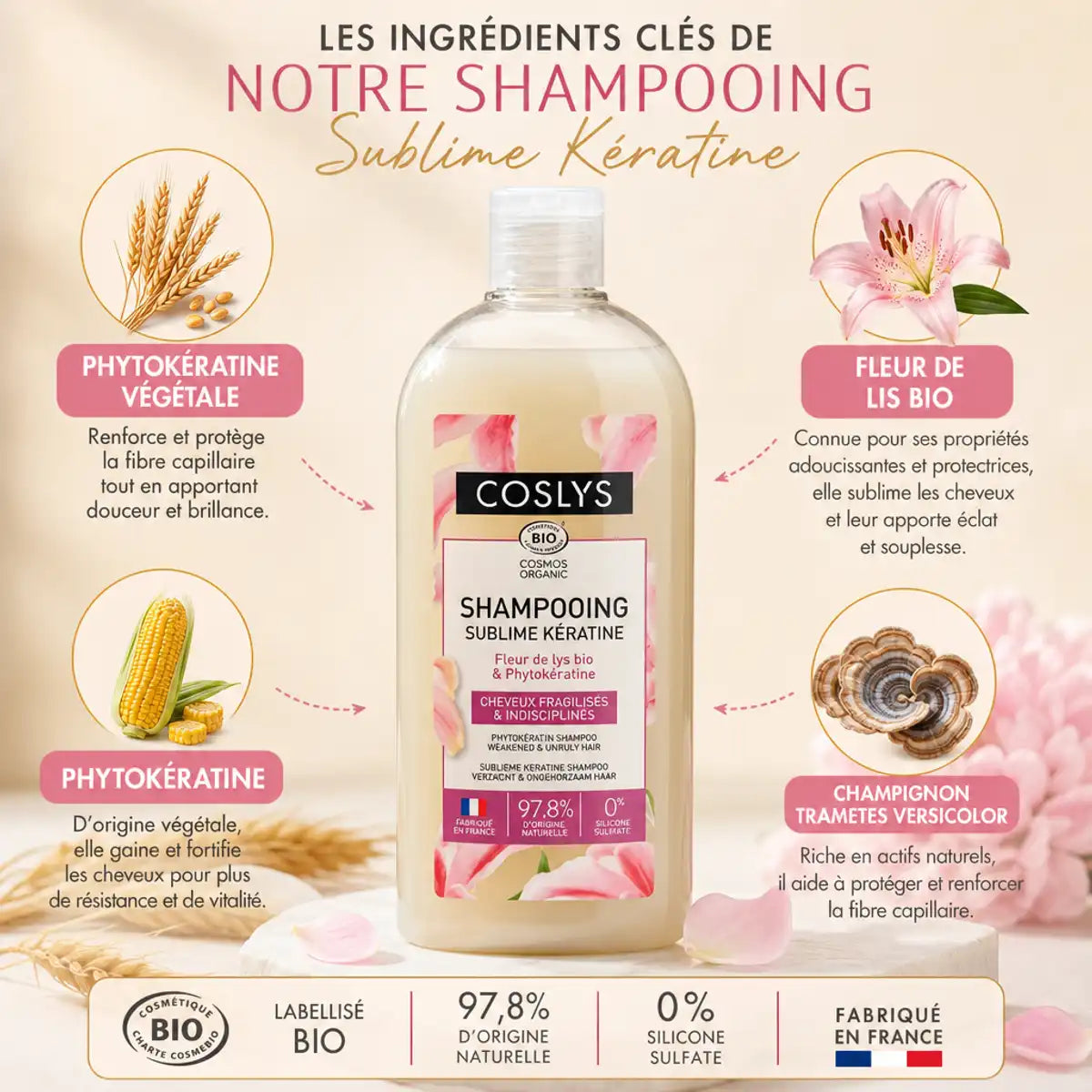 Shampooing Sublime Kératine Bio Coslys 250ml avec ingrédients naturels et phytokératine végétale