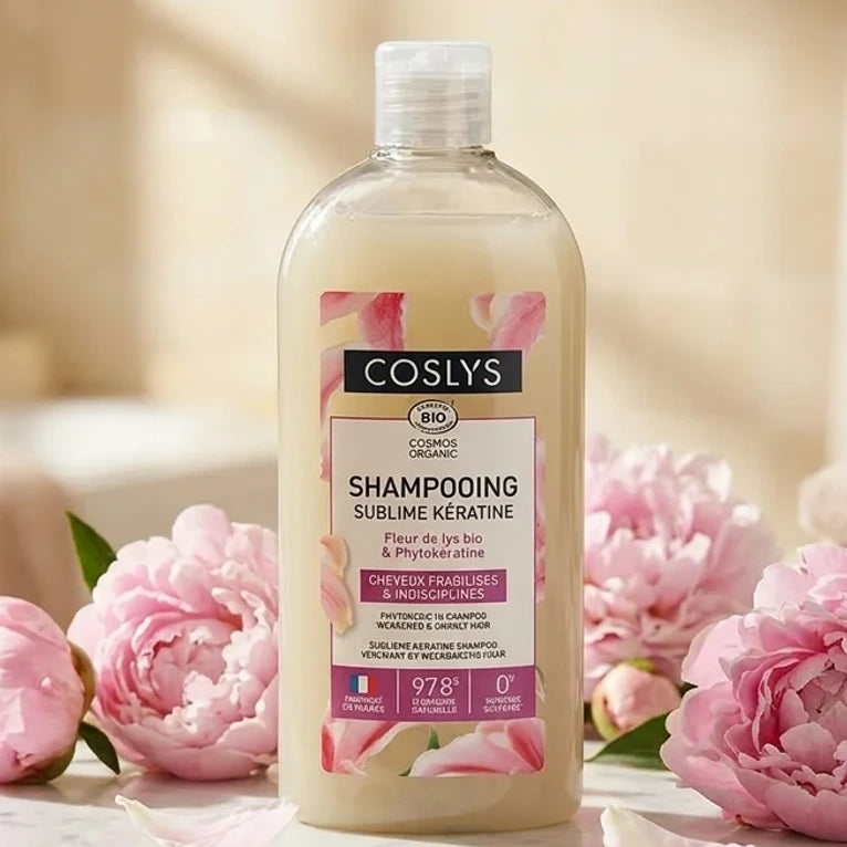 Shampooing Sublime Kératine Bio Coslys 250ml sur marbre avec pivoines roses