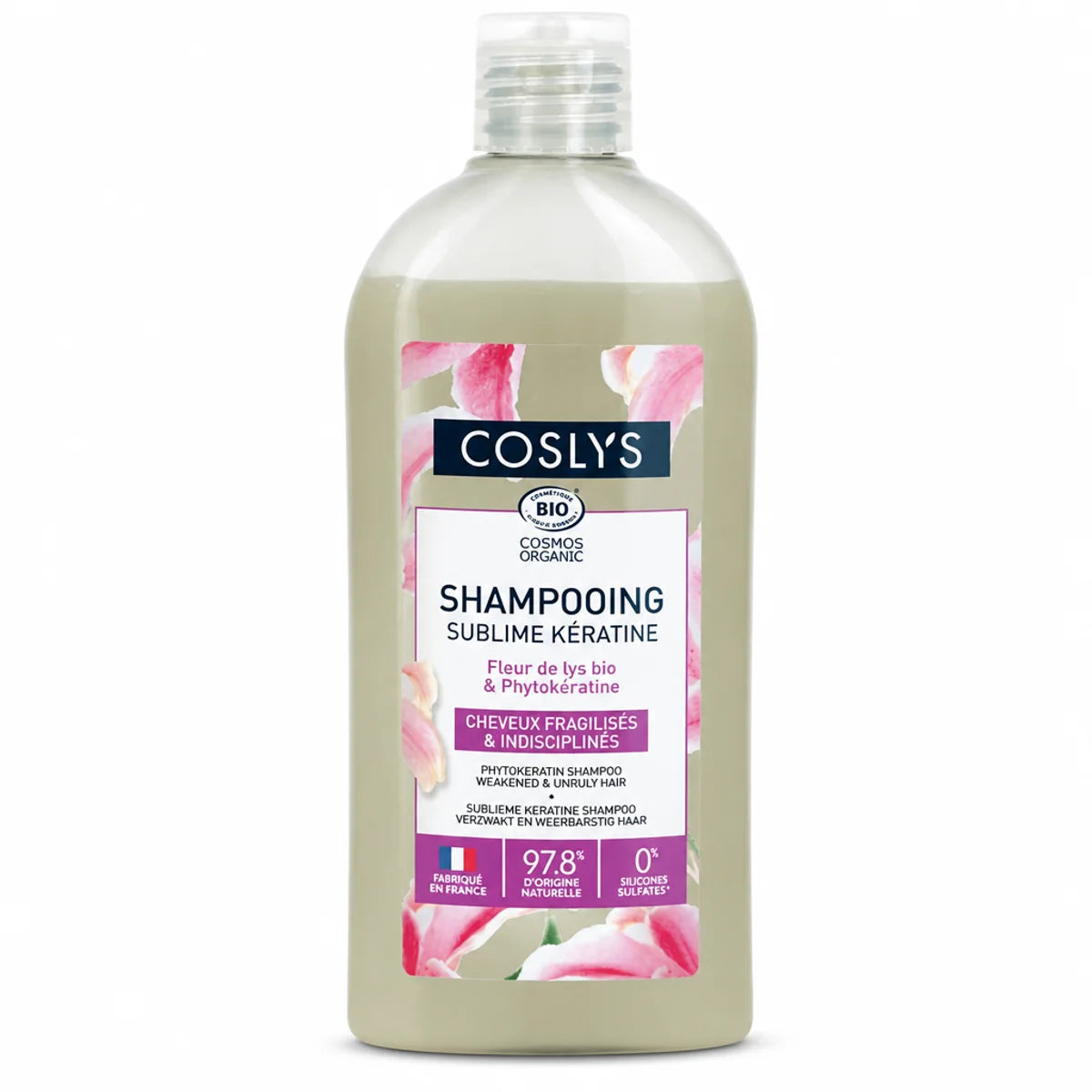 Shampooing Sublime Kératine Bio Coslys 250ml flacon verre avec label bio certification
