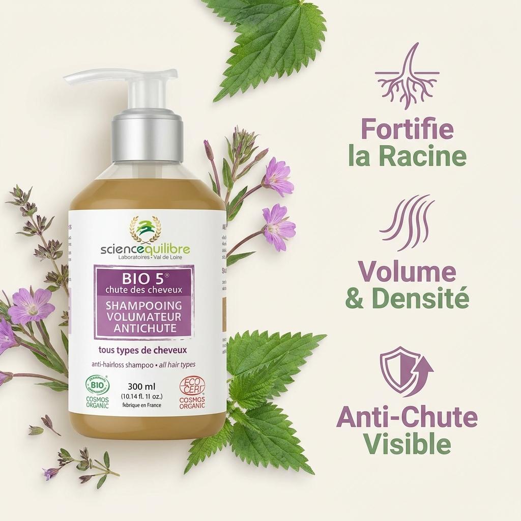 Shampooing BIO 5 anti-chute volumateur pour cheveux fins avec bénéfices et ingrédients naturels