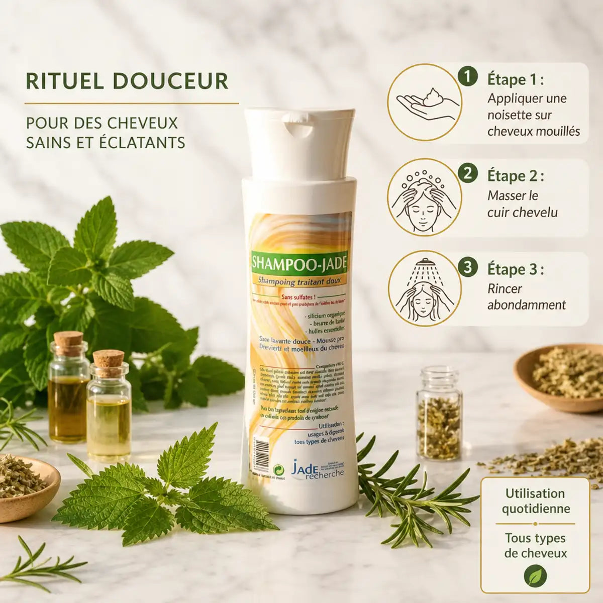 Shampoojade 250ml - Guide d'utilisation avec ingrédients naturels et instructions de massage du cuir chevelu