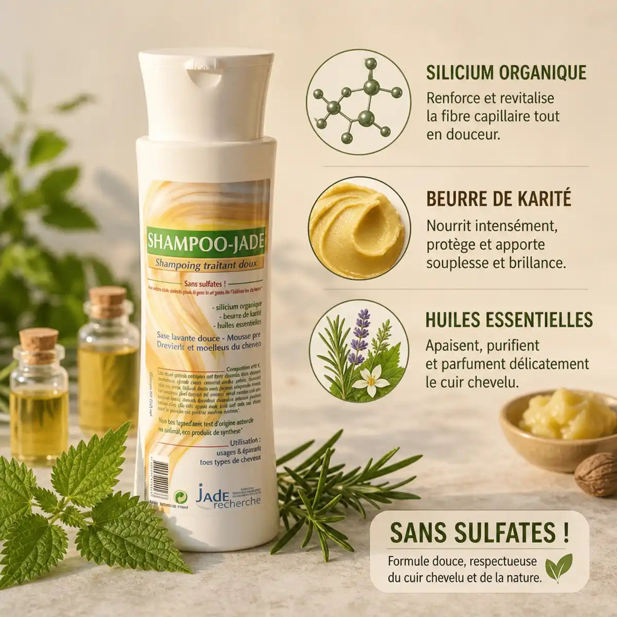 Shampoojade 250ml avec ingrédients naturels : silicium, karité, huiles essentielles sans sulfates