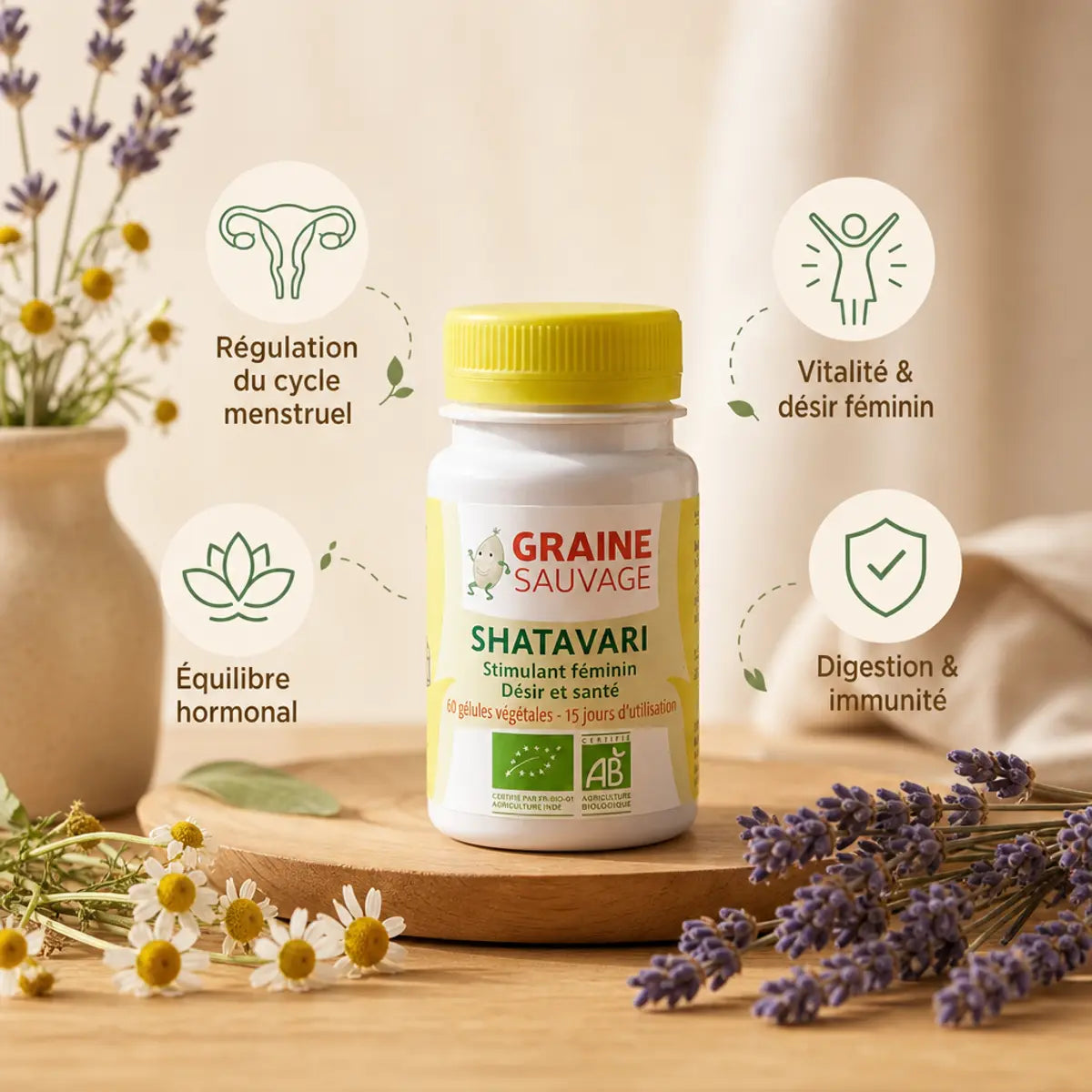 Shatavari Bio 60 gélules Graine Sauvage avec bénéfices santé féminine et fleurs