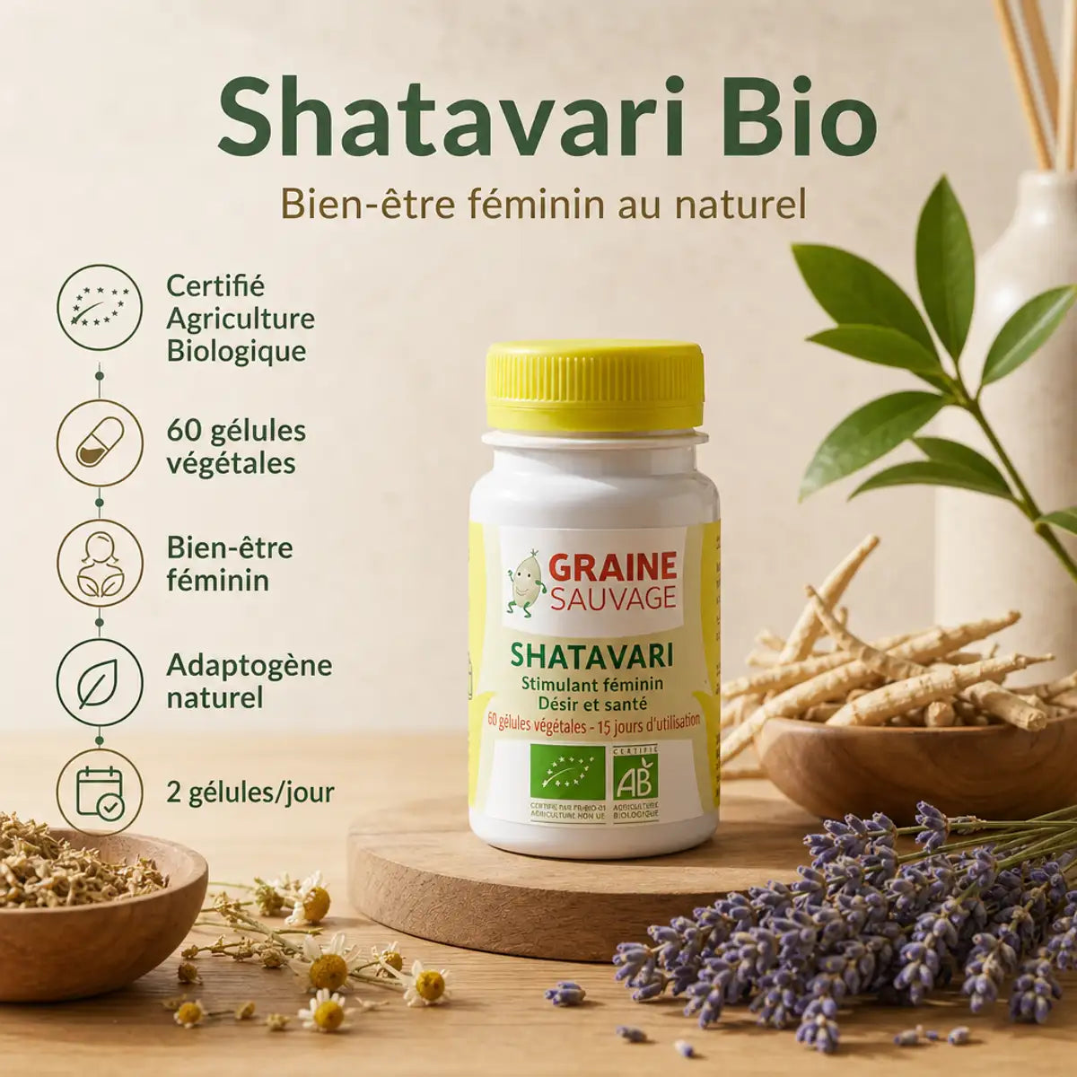 Shatavari Bio 60 gélules Graine Sauvage avec ingrédients naturels sur surface bois, complément bien-être féminin