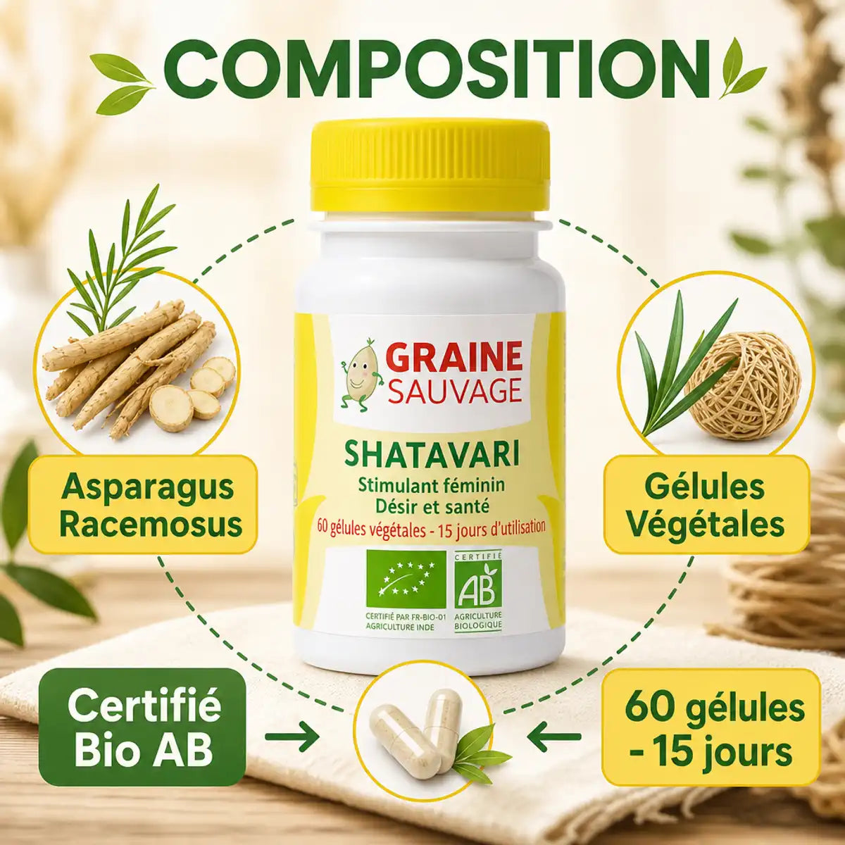 Shatavari Bio 60 gélules Graine Sauvage - Flacon certifié AB avec composition et ingrédients