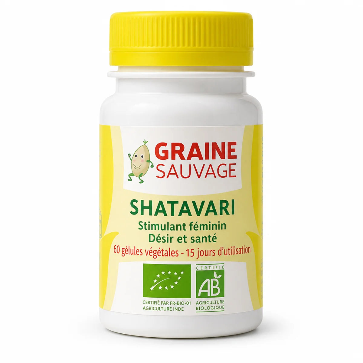 Shatavari Bio 60 gélules Graine Sauvage, flacon blanc avec bouchon jaune