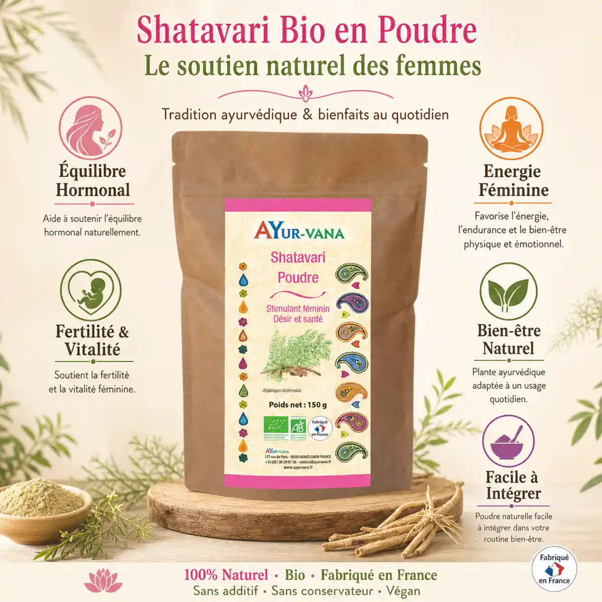 Shatavari Bio poudre 150g Ayur-Vana avec infographie bénéfices équilibre hormonal et fertilité