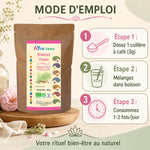 Shatavari Bio 150g Ayur-Vana - Mode d'emploi avec dosage et étapes de consommation illustrées