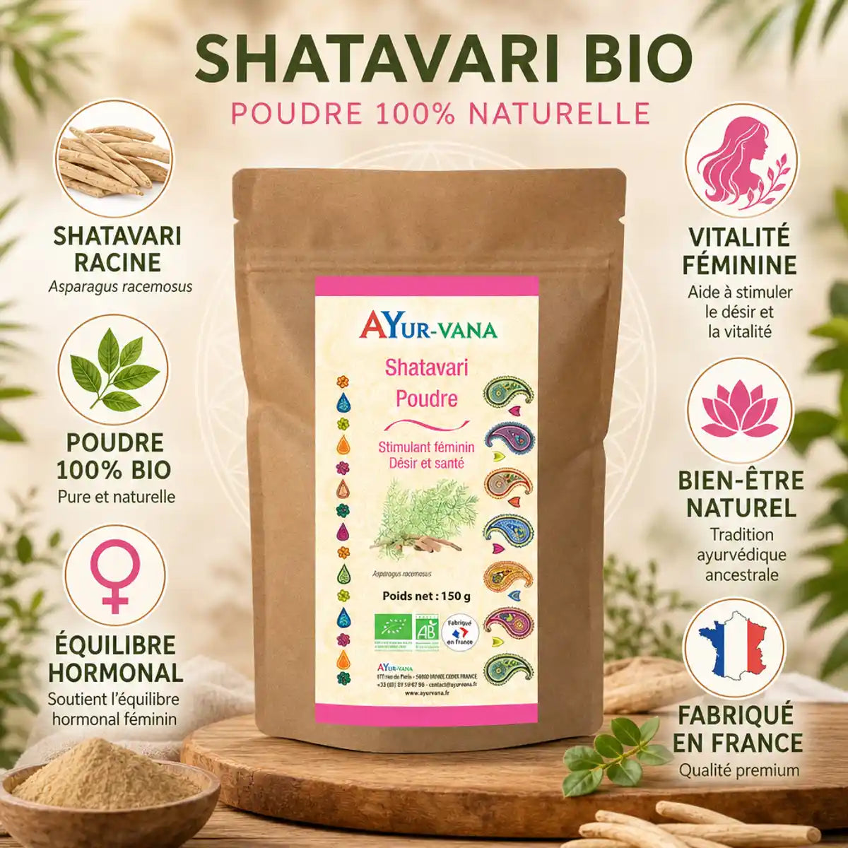 Shatavari Bio poudre 150g Ayur-Vana avec ingrédients naturels et bénéfices pour équilibre hormonal