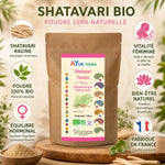 Shatavari Bio poudre 150g Ayur-Vana avec ingrédients naturels et bénéfices pour équilibre hormonal