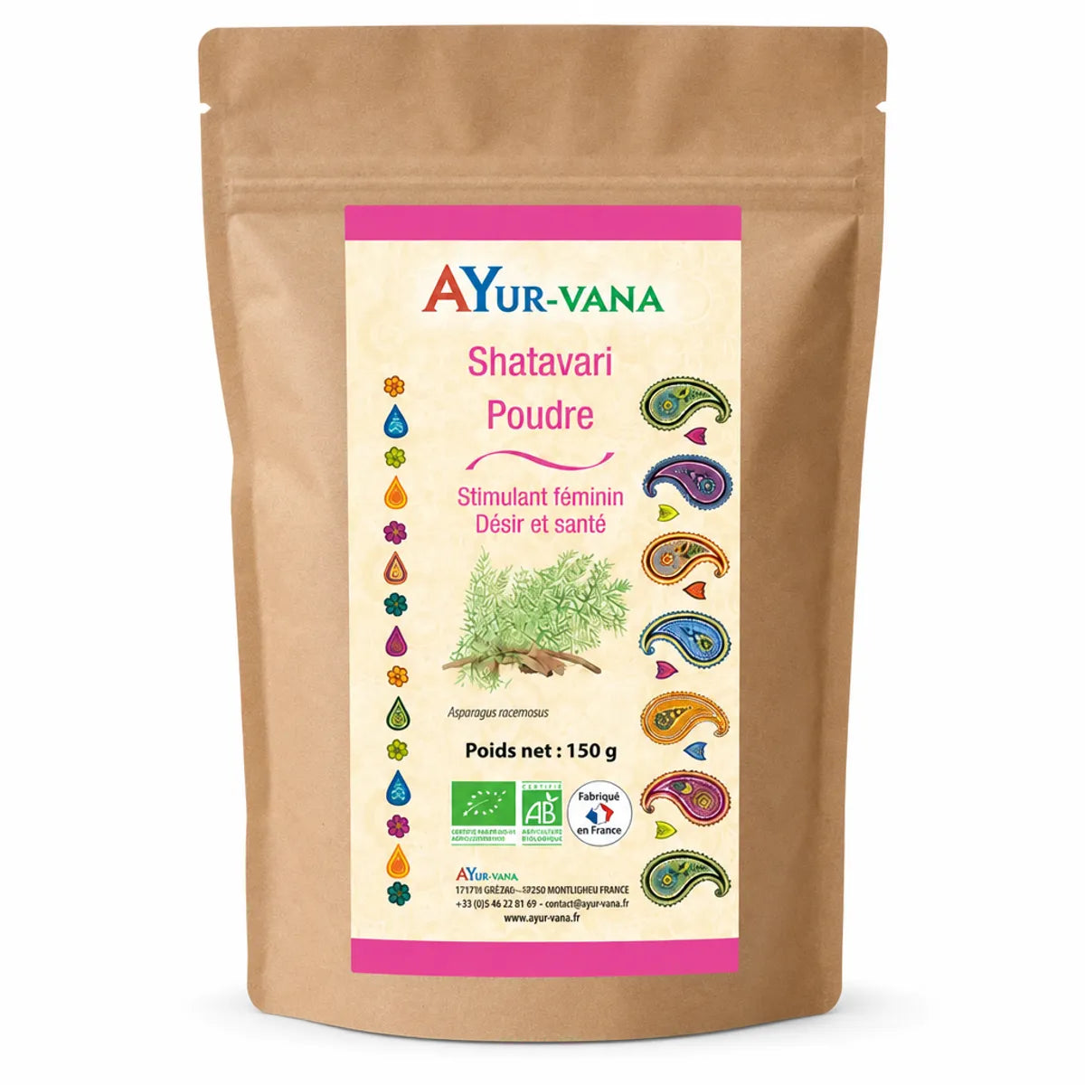 Shatavari Bio en poudre 150g Ayur-Vana, sachet kraft avec étiquette rose et crème