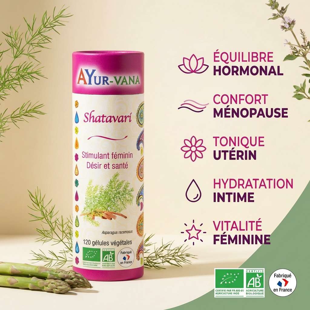 Shatavari Bio AyurVana 120 gélules avec infographie des bénéfices féminins et certifications biologiques