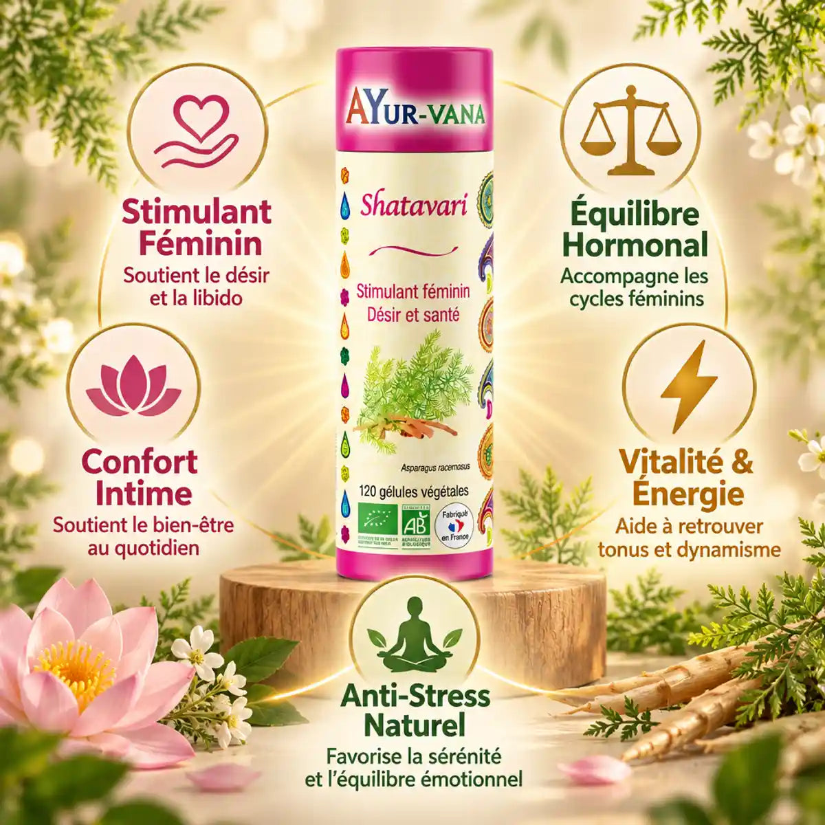 Shatavari Bio AyurVana 120 gélules - Stimulant féminin, équilibre hormonal et vitalité naturelle