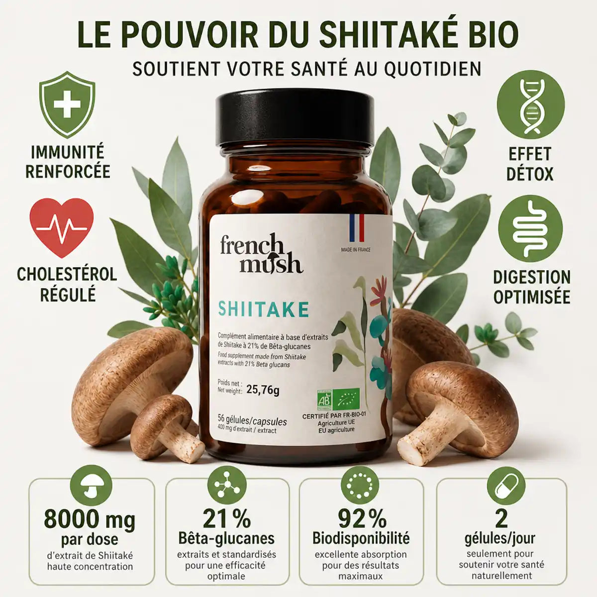 Shiitaké Bio French Mush 56 gélules cholestérol drainage perte poids immunité