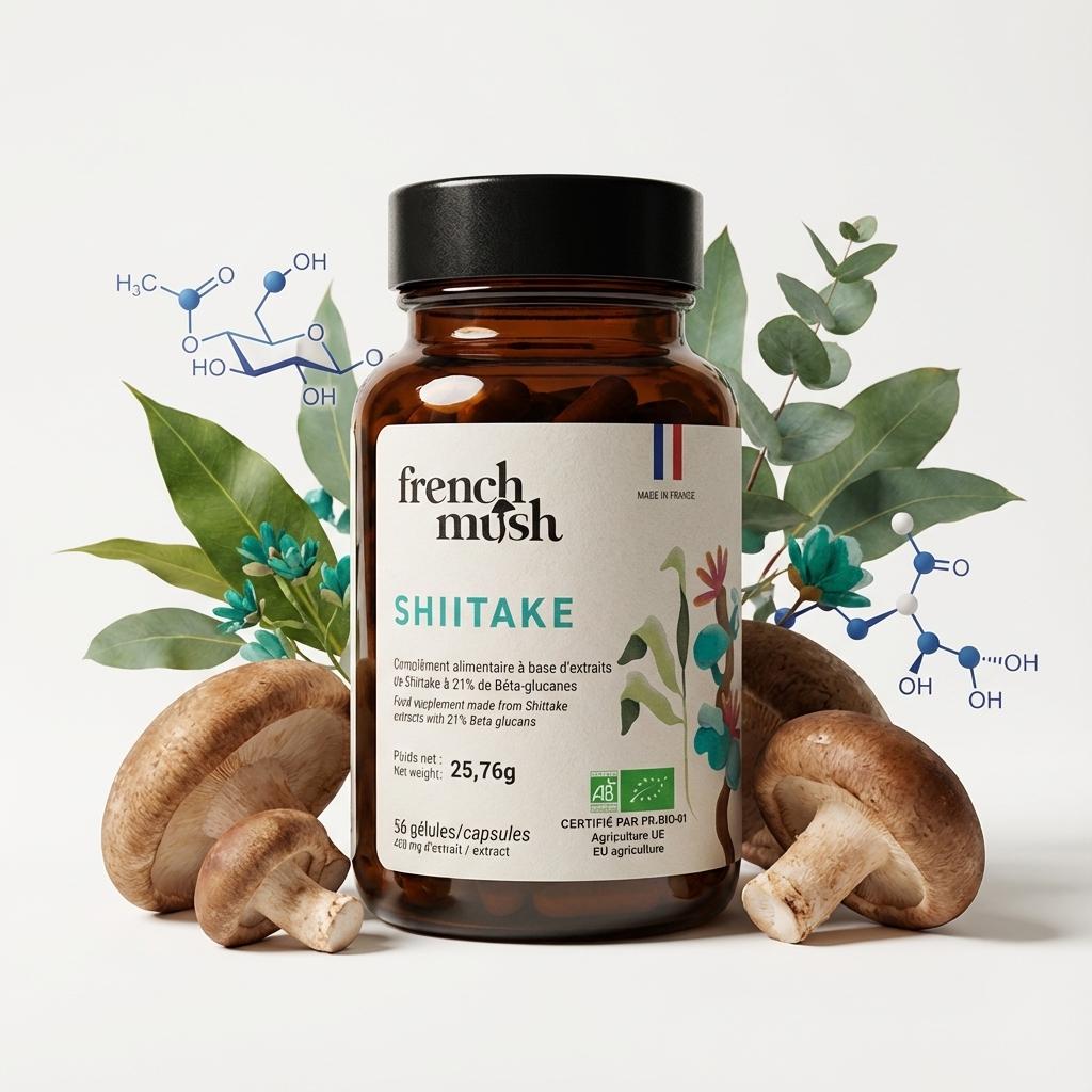 Flacon Shiitaké Bio French Mush 56 gélules avec champignons frais et éléments botaniques