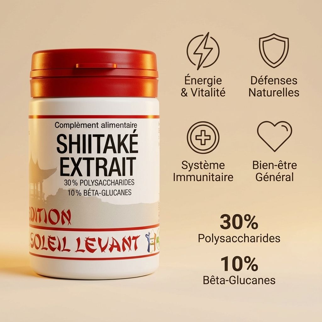 Shiitaké Bio extrait 60 gélules avec bénéfices santé, énergie et immunité sur fond beige