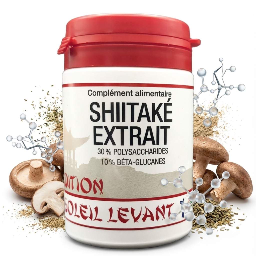 Shiitaké Bio extrait 60 gélules avec champignons frais et structure moléculaire beta-glucanes