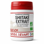 Flacon Shiitaké Bio extrait 60 gélules avec bouchon rouge, certification bio, fond blanc