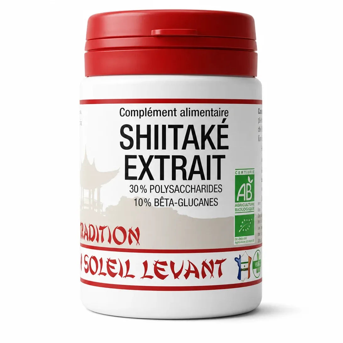 Flacon Shiitaké Bio extrait 60 gélules avec bouchon rouge, certification bio, fond blanc