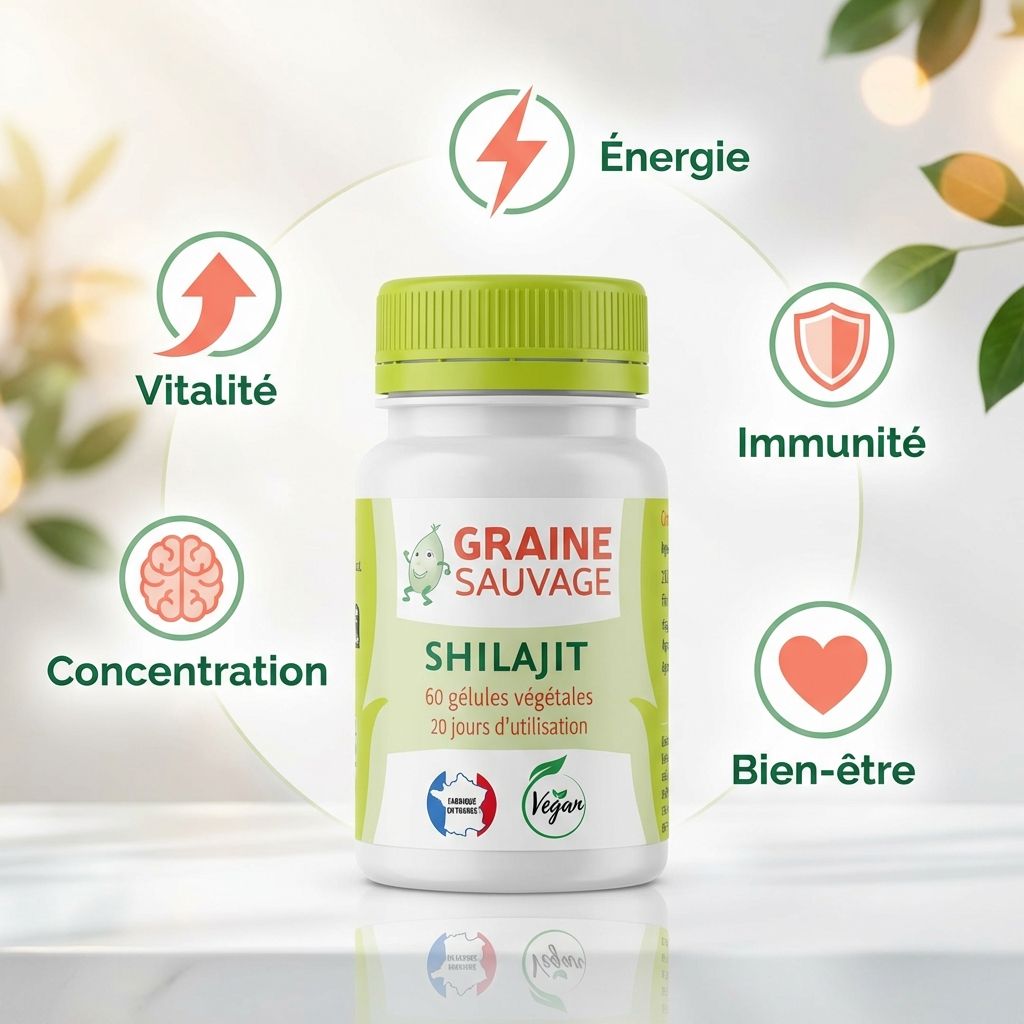 Shilajit 60 gélules Graine Sauvage avec bénéfices : énergie, immunité, bien-être, concentration, vitalité