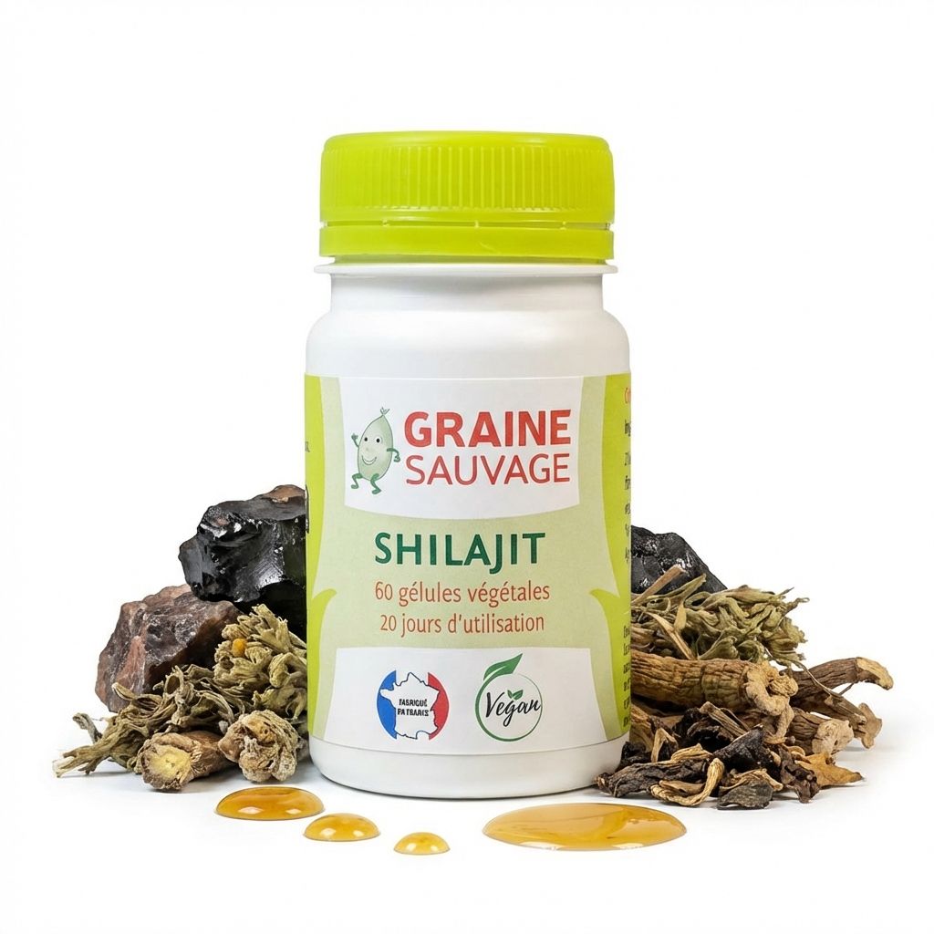 Shilajit 60 gélules Graine Sauvage avec ingrédients himalayens naturels sur fond blanc