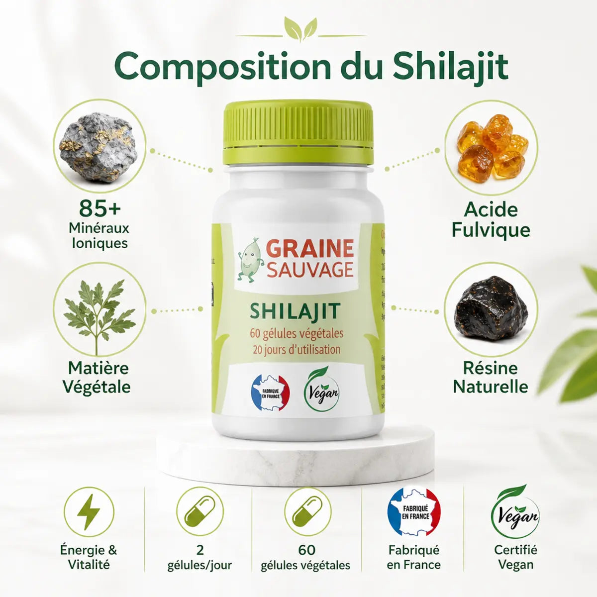 Shilajit 60 gélules Graine Sauvage avec composition minérale et acide fulvique, vegan et fabriqué en France