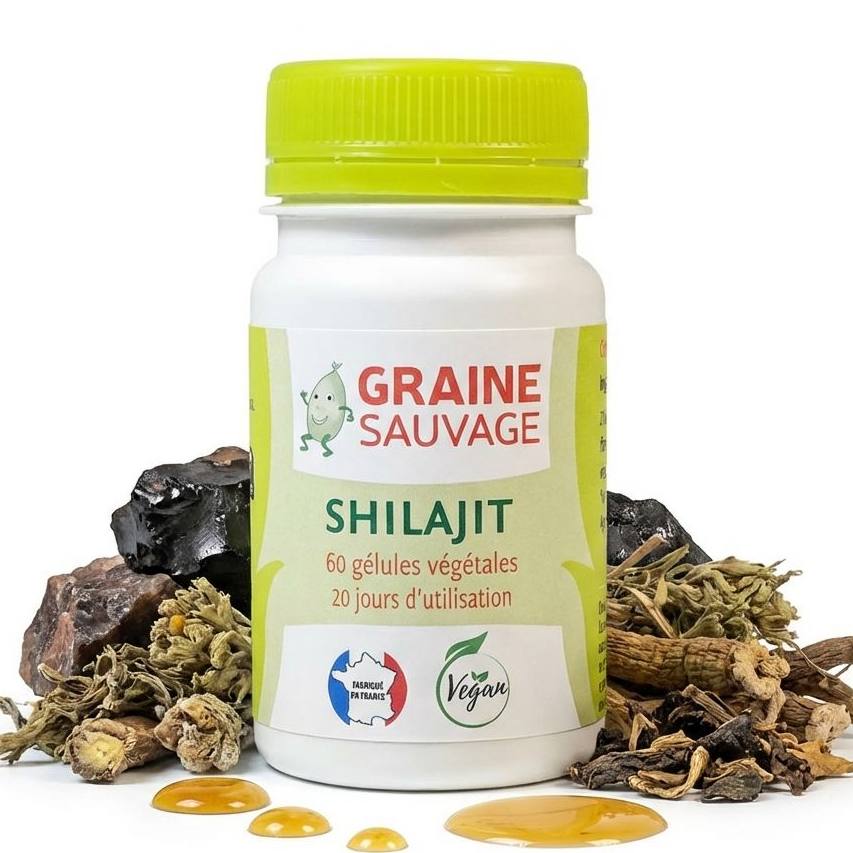 Shilajit 60 gélules Graine Sauvage avec ingrédients himalayens naturels sur fond blanc